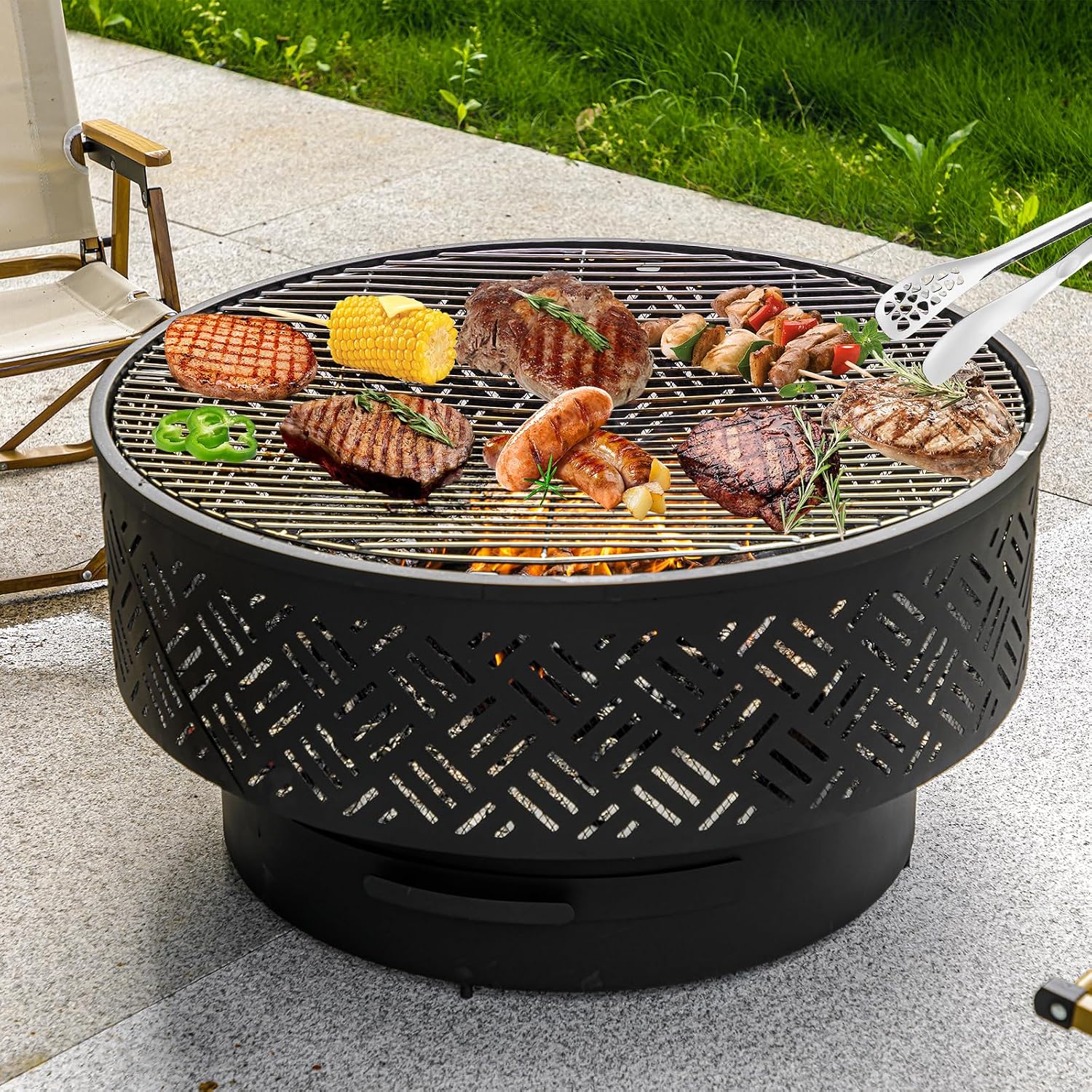 32 Inch Round Metal Wood Burni - Camping Cooking Table 评论和价格